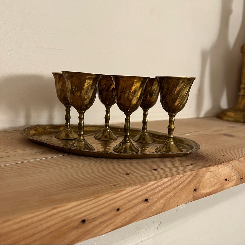 Vintage Mini Brass Goblet Set x6 with Tray